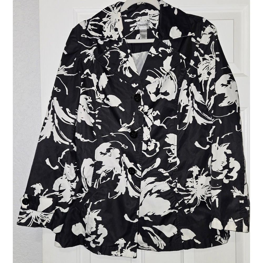 Chico's Floral Print‎ Blazer Jacket Black White Button Front Career